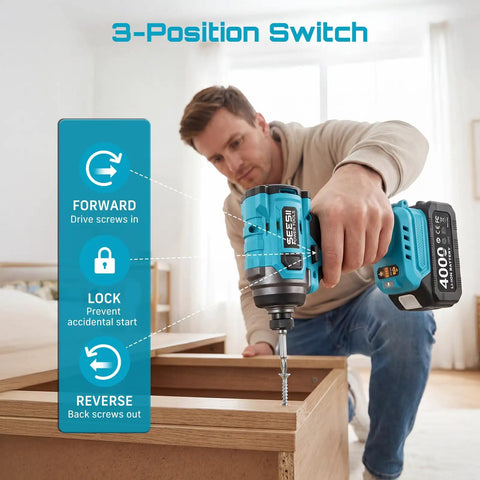 Cordless Drill And Impact Driver Combo Kit For DIY Home Projects With Brushless Motors, 0 To 3250 RPM, 0 To 3450 IPM, 1950 In Lbs Torque, Four Speed Settings, Three Scene Modes, And A Three Eighths Inch Driver Drill, 3-position switch