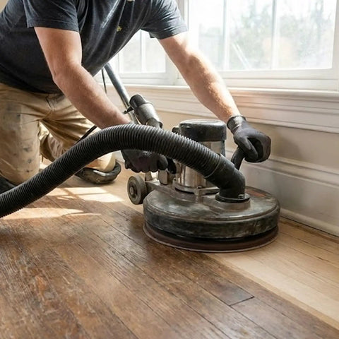 Worker using Dust Free Pro Grade 25 Pack 9 Inch Mesh Sanding Discs Set with random orbital sander on wood floor for dustless finishing.