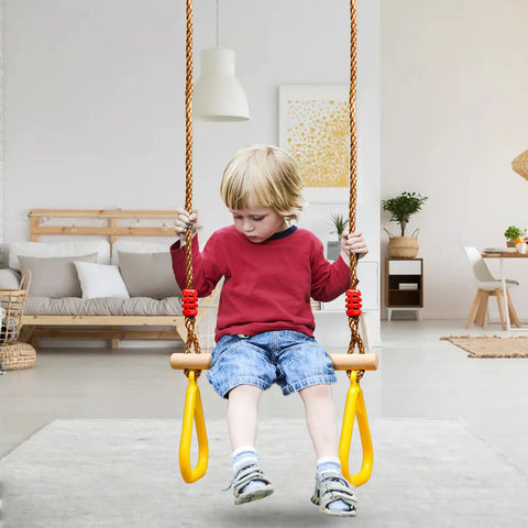 Child on 16 Inch Wooden Trapeze Bar With Rings For Swing Sets Adjustable Height From 39 To 67 Inches Gym Hanging Accessories