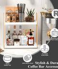 Two Tier Wooden Coffee Bar Organizer For Countertop And Corner Spaces Multifunctional Shelf with coffee accessories displayed.