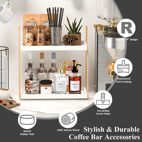 Two Tier Wooden Coffee Bar Organizer For Countertop And Corner Spaces Multifunctional Shelf with coffee accessories displayed.