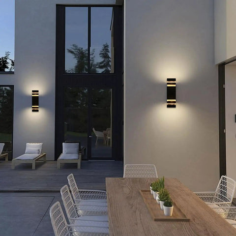 Dusk To Dawn Outdoor Wall Lights Up Down Exterior Sconces with E26 Socket lighting up a modern patio at night