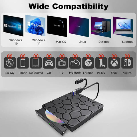 Go To External CD DVD Drive For Laptops With USB 3.0 And Type C 2 In 1 Portable CD Burner And DVD Player Plug And Play CD Reader Writer For MacBook Pro Air Windows 11 10 7 Linux Ultra Slim Optical Drive, black slim external drive with USB-C and USB 3.0 cable