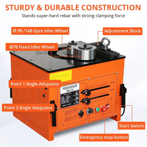 Front view of an orange Power-Packed 3000W Electric Rebar Bender with foot pedal, controls, and idler wheels for precise bending.
