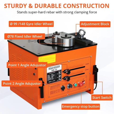 Dope 3000W Electric Hydraulic Rebar Bender Up To 1.3 Inch showing sturdy construction, adjustment block, angle adjustors, and controls.