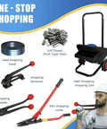 Image of packaging tools including Closed Push Type Seals For Three Quarters Inch Steel Strapping, 1.77 Inch Length, and cart.