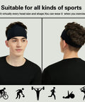 Person modeling a black headband from 5 Pack Moisture Wicking Workout Headbands For Men And Women, Sweatbands For Running, Cycling, Football, And Yoga.