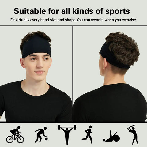 Person modeling a black headband from 5 Pack Moisture Wicking Workout Headbands For Men And Women, Sweatbands For Running, Cycling, Football, And Yoga.