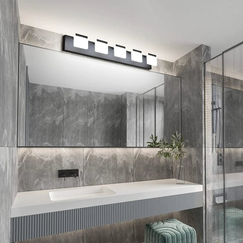 Five Light Matte Black LED Vanity Light Fixture With Acrylic Panels For Bathroom Mirror Cabinet Powder Room And More