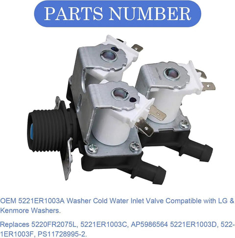Front Load Washing Machine Water Inlet Valve Replacement With Triple Solenoid 5221ER1003A 5220FR2075L For LG And Kenmore Includes Filter Screen Easy Install Durable Top Notch Valve triple-solenoid washer valve with filter screen