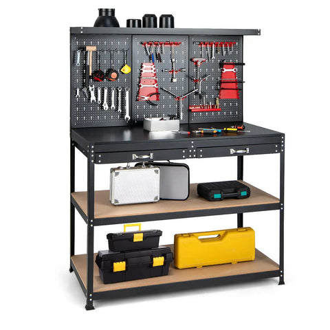 Front view of Heavy Duty 48 Inch Work Bench with Pegboard Storage 4 Tier Metal Tool Storage Bench 2 Drawers built for garage organization.