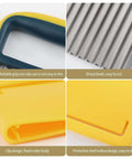Crinkle cutter with yellow handle and blue grip, kitchen cutting tool.
Stainless steel wave cutter blade with sharp ridges for vegetables.
Yellow clip-on protective case for the cutter; fixed cutter body.
Protective hollow shell design for easy drying and storage, yellow.