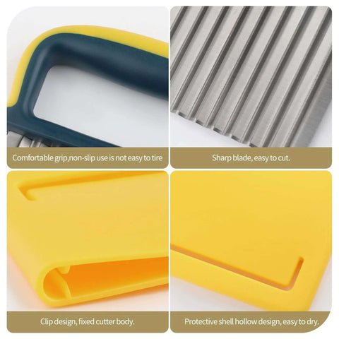 Crinkle cutter with yellow handle and blue grip, kitchen cutting tool.
Stainless steel wave cutter blade with sharp ridges for vegetables.
Yellow clip-on protective case for the cutter; fixed cutter body.
Protective hollow shell design for easy drying and storage, yellow.