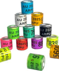 Multicolor 8mm Aluminum Leg Rings for Poultry 2026 AU Marked Bird Foot Rings With Words, stack of colorful ID bands