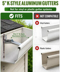 Image showing compatibility of Five Inch Gutter Hangers Kit with K-style aluminum gutters, not suitable for vinyl or plastic.