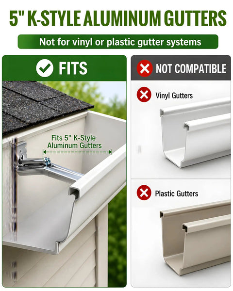Image showing compatibility of Five Inch Gutter Hangers Kit with K-style aluminum gutters, not suitable for vinyl or plastic.
