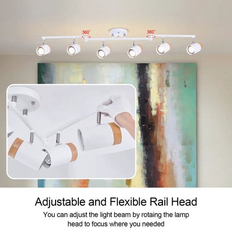 Six Light Flexible Track Lighting With 45.67 Inch Arms And 350 Degree Rotating Heads In Natural Wood Shade Dope And Sleek Ceiling Track Fixture For Living Room Dining Room Kitchen And Studio White installed on ceiling