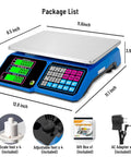 Package list of Heavy Duty Digital Kitchen Scale With 66 Lb And 30 Kg Capacity, 1 g Precision, Price Computing, Stainless Steel Surface, Adapter Included, Pro Grade For Baking, Cooking, Meat, And Bread, Perfect For Home Or Small Commercial Kitchens, showing scale, adapter, and accessories.