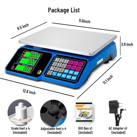 Package list of Heavy Duty Digital Kitchen Scale With 66 Lb And 30 Kg Capacity, 1 g Precision, Price Computing, Stainless Steel Surface, Adapter Included, Pro Grade For Baking, Cooking, Meat, And Bread, Perfect For Home Or Small Commercial Kitchens, showing scale, adapter, and accessories.