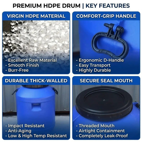 Rugged Blue Heavy Duty Plastic Water Storage Drum With Airtight Lid Beefy Food Grade Rain Barrel features and benefits