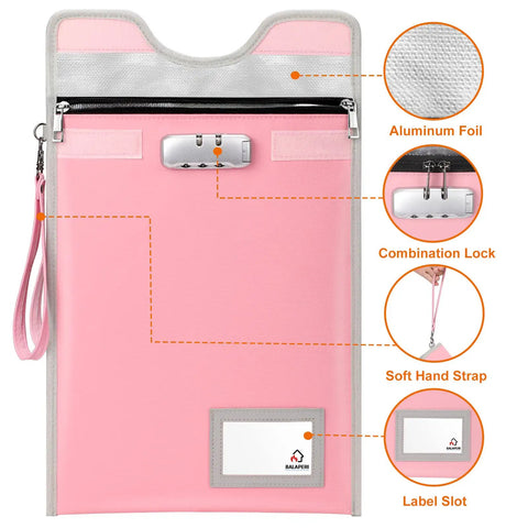 Lockable Fireproof Money Pouch Travel Organizer 15x11 Inches Pink with combination lock, aluminum foil, and label slot.
