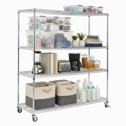 Beefy 5 Tier Wire Shelving Unit With Brake Wheels And Waterproof Colorful Shelf Liners Heavy Duty Storage Rack in use