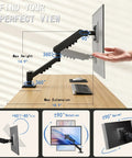 Top Shelf Single Monitor Arm Desk Mount With Ballistic Mechanical Springs For 17 To 32 Inch Screens, max height and extension features.
