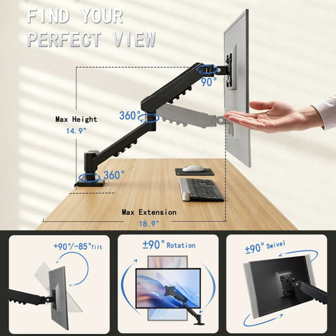 Top Shelf Single Monitor Arm Desk Mount With Ballistic Mechanical Springs For 17 To 32 Inch Screens, max height and extension features.