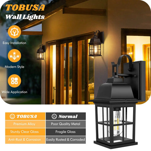 2 Pack Outdoor Wall Light Fixtures, Waterproof Aluminum Black Sconces With Cross Grid Glass, Anti Rust Exterior Lanterns For Porch, House, Garage, Doorway, Bulbs Not Included installed outside a house