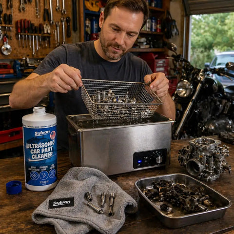 Heavy Duty Ultrasonic Carburetor And Engine Parts Cleaner Concentrate 32 Oz Bottle, mechanic cleaning parts in workshop.