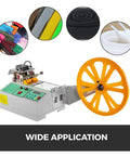 AOXHUGB Automatic Computer Cloth Tape Cutter With Hot Cold Knife for cutting elastic straps and zippers, featuring a large yellow wheel.