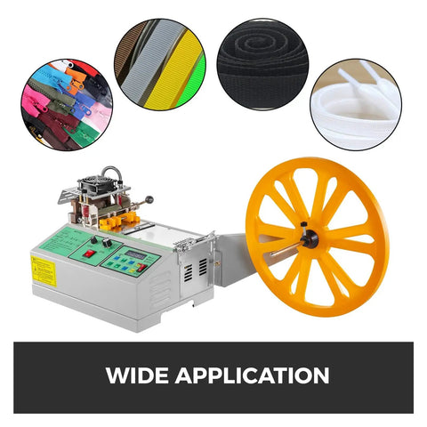 AOXHUGB Automatic Computer Cloth Tape Cutter With Hot Cold Knife for cutting elastic straps and zippers, featuring a large yellow wheel.