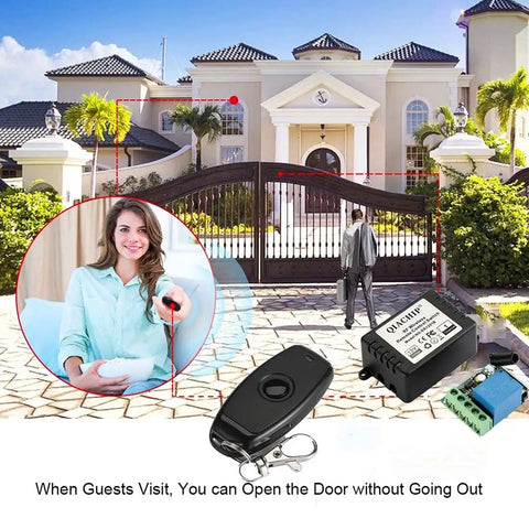 Image of 12V DC One Channel 433MHz Wireless Relay Remote Control Kit with transmitter, receiver, and woman using remote.