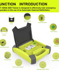 Front view of XFT-120GA AED trainer CPR training kit with neon yellow body and black lid