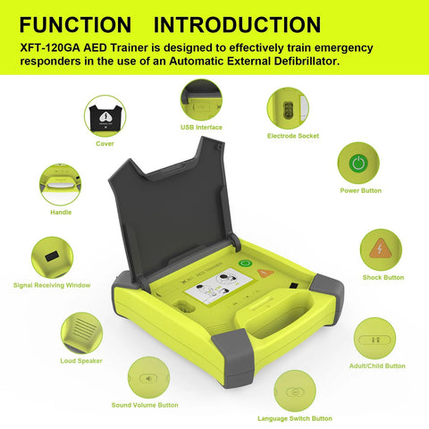 Front view of XFT-120GA AED trainer CPR training kit with neon yellow body and black lid