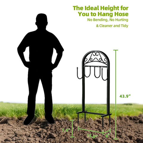 Garden Hose Holder Stand Rustproof Freestanding Heavy Duty With Beefy Metal Frame beside person for scale outdoors