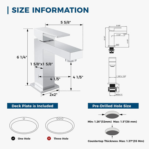 Chrome Single Hole Bathroom Faucet With Pop Up Drain All Metal Modern Touch Faucet size specifications and dimensions display.