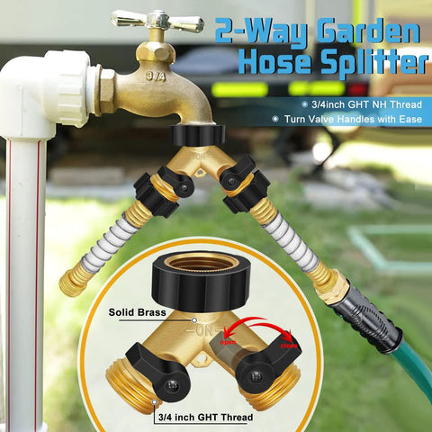 Must Have Adjustable RV Water Pressure Regulator Kit with brass elbow hose splitter attached to outdoor tap