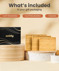 Heavy Duty 3 Piece Bamboo Cutting Board Set With Wooden Stand For Everyday Kitchen Tasks Built Different With Top Shelf Non Toxic Grain And Straight Up Durable Construction Every Home Cook Gonna Love featuring gift packaging and three bamboo boards.