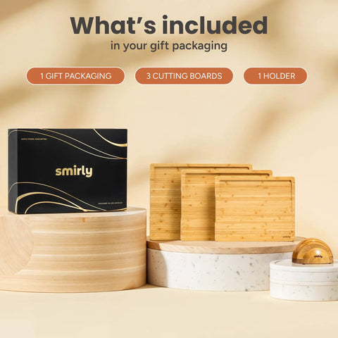 Heavy Duty 3 Piece Bamboo Cutting Board Set With Wooden Stand For Everyday Kitchen Tasks Built Different With Top Shelf Non Toxic Grain And Straight Up Durable Construction Every Home Cook Gonna Love featuring gift packaging and three bamboo boards.