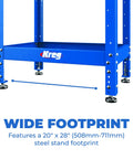 Multi Purpose Shop Stand With Adjustable Height From 31 To 39 Inches Beefy 12 And 16 Gauge Steel Table showing its wide 20x28 inch footprint