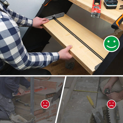 Person using Stair Tread Template Tool For DIY Projects, Handy Adjustable Jig And Shelf Layout Gauge with extensions on wooden shelf.