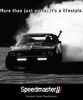 Car drifting with smoke, "More than just parts; it's a lifestyle" text, Speedmaster logo at bottom