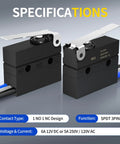 Waterproof Micro Limit Switch With Hinge Lever showing SPDT 3 Pin design, 6A 12V DC or 5A 250V/120V AC, pre-wired for easy install.