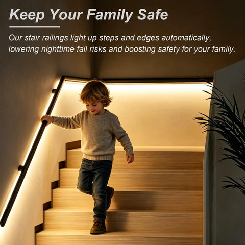 Ultra Smooth Body Sensing Lighted Stair Handrail For Indoor Steps Wall Mounted Safety Rail With Sleek Black Powder Coat guiding a child down stairs.