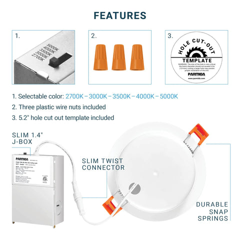 Sleek Dope 6 Inch LED Recessed Lights With J Box Gimbal Eyeball Canless Panel 5 Color Temperature Switch 2700K 3000K 3500K 4000K 5000K 12W Dimmable IC ETL features including J-box, wire nuts, and cut-out template