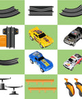 Action Packed Slot Car Race Track Set With Electric Or Battery Power Includes Four High Speed Cars Two Hand Controllers Dual Racing Game Toys For Kids Aged Six Seven Eight Indoor Outdoor Fun For Family Play; track pieces, cars, controllers.