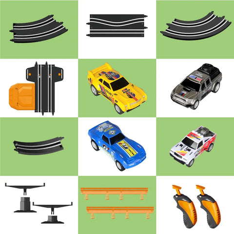 Action Packed Slot Car Race Track Set With Electric Or Battery Power Includes Four High Speed Cars Two Hand Controllers Dual Racing Game Toys For Kids Aged Six Seven Eight Indoor Outdoor Fun For Family Play; track pieces, cars, controllers.