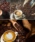 Top view of Fully Automatic Coffee Roaster With Heavy Stainless Steel Drum, Electric Bean Roasting Machine with coffee cups and beans.