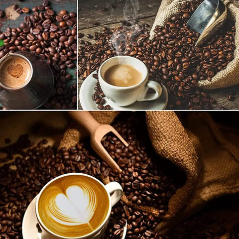 Top view of Fully Automatic Coffee Roaster With Heavy Stainless Steel Drum, Electric Bean Roasting Machine with coffee cups and beans.